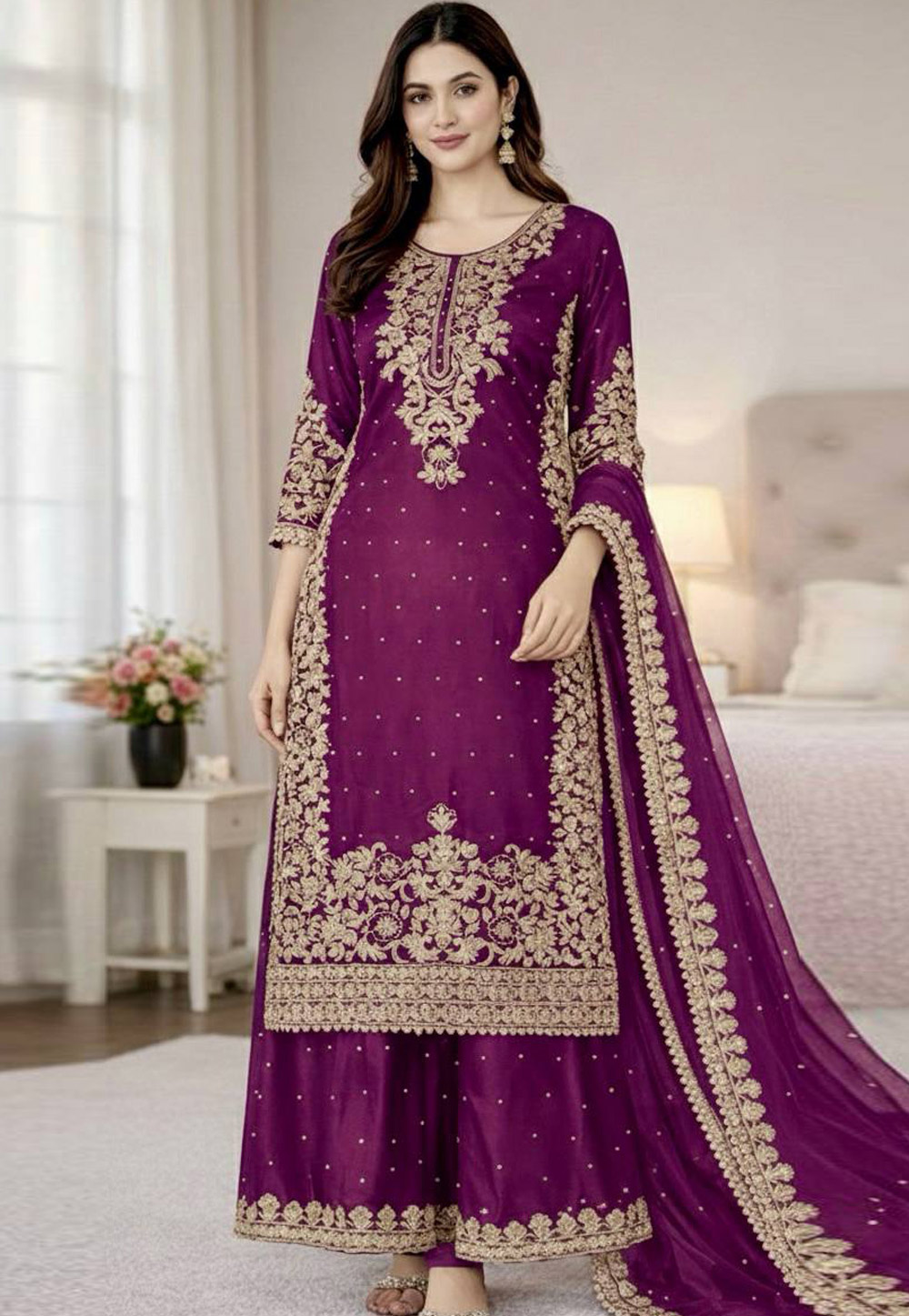 Purple Silk Readymade Palazzo Suit 322223