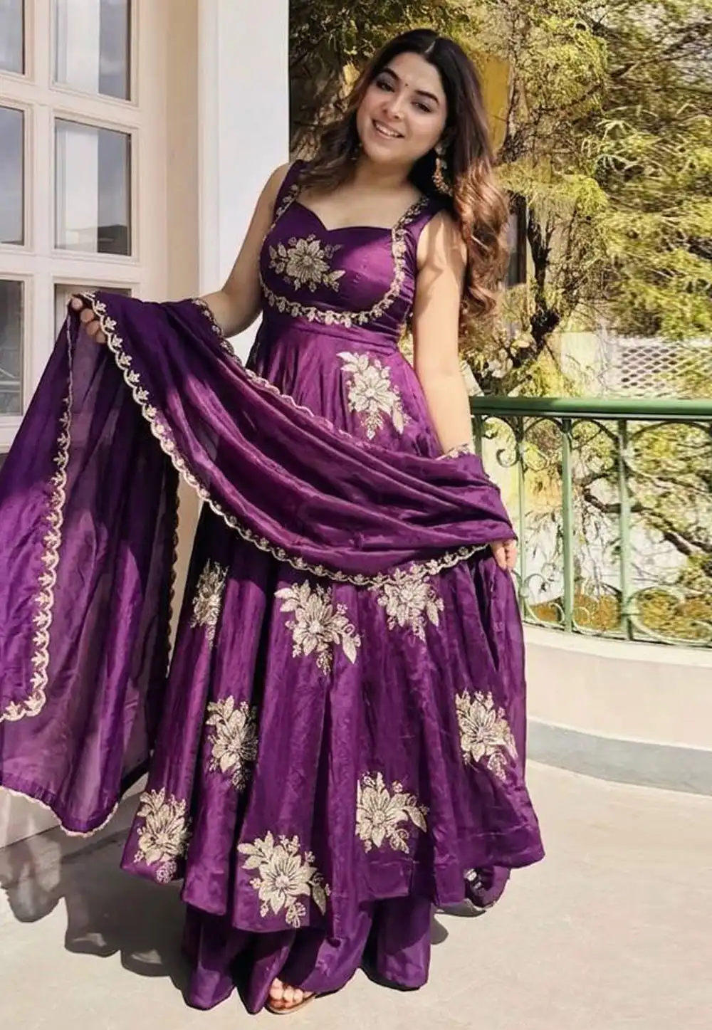 Purple Silk Readymade Palazzo Suit 327948