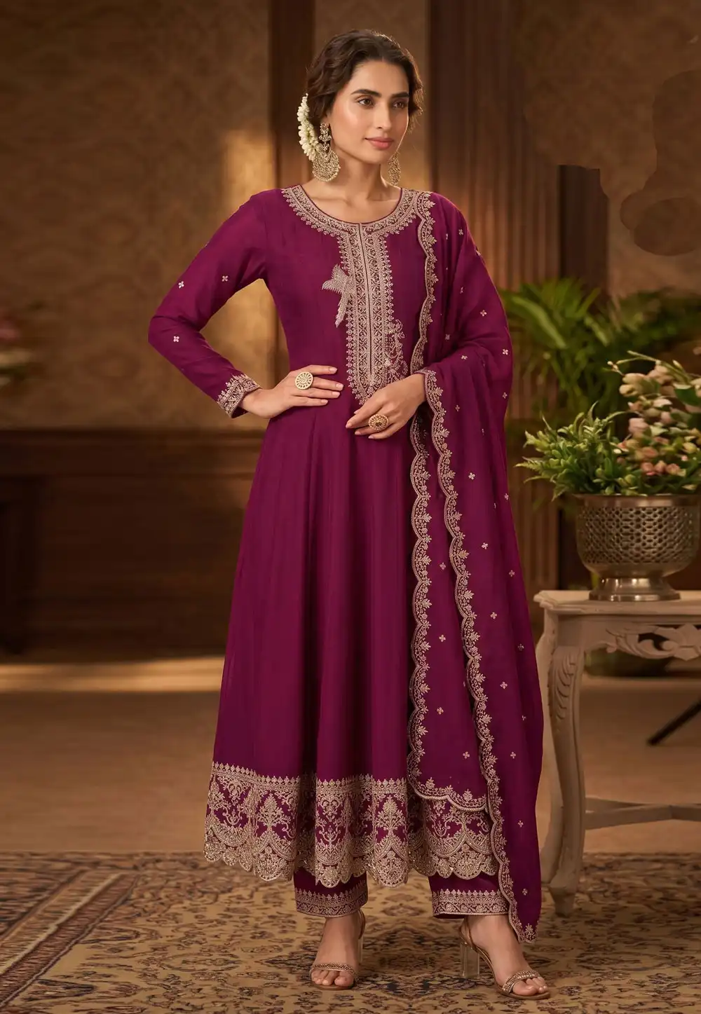 Purple Silk Readymade Pant Style Suit 328915