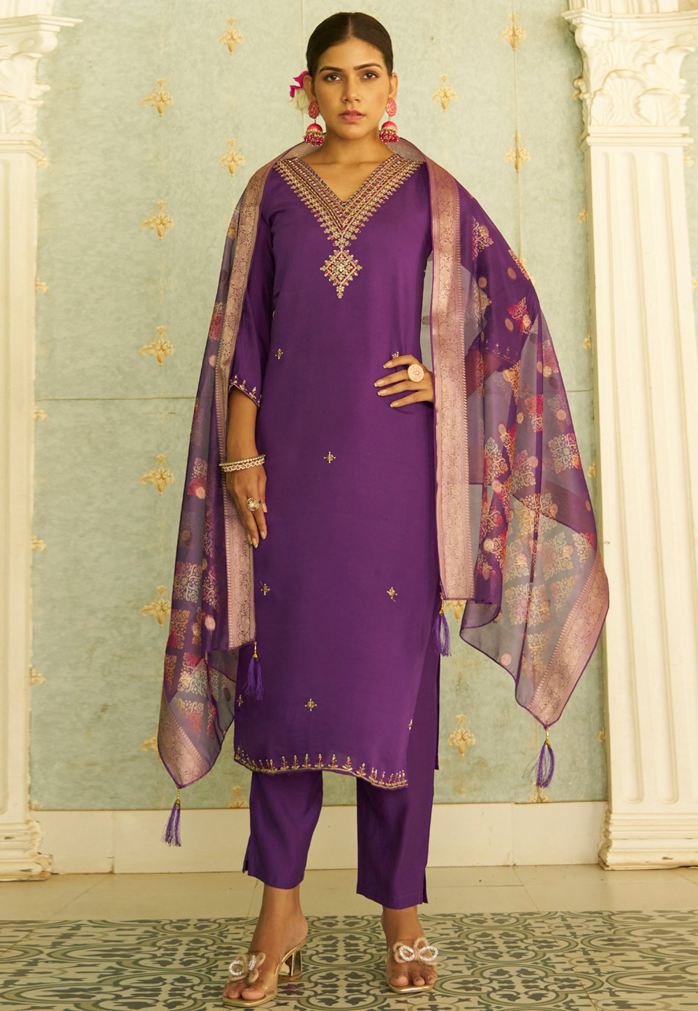 Purple Silk Readymade Pant Style Suit 324470