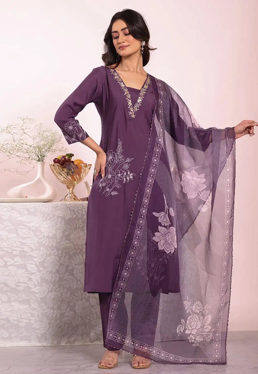 Purple Silk Readymade Pant Style Suit 325511