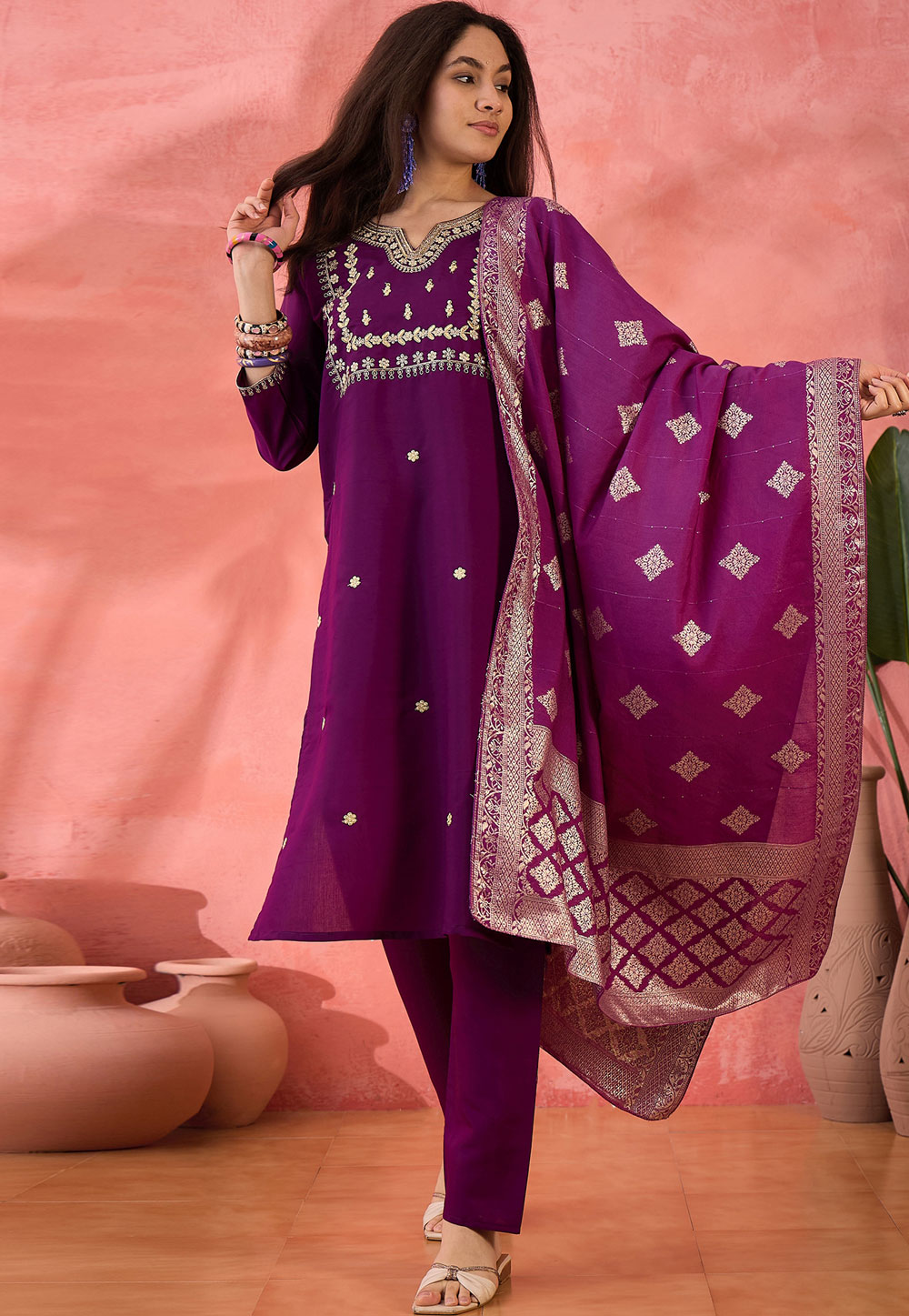 Purple Silk Readymade Pant Style Suit 308387