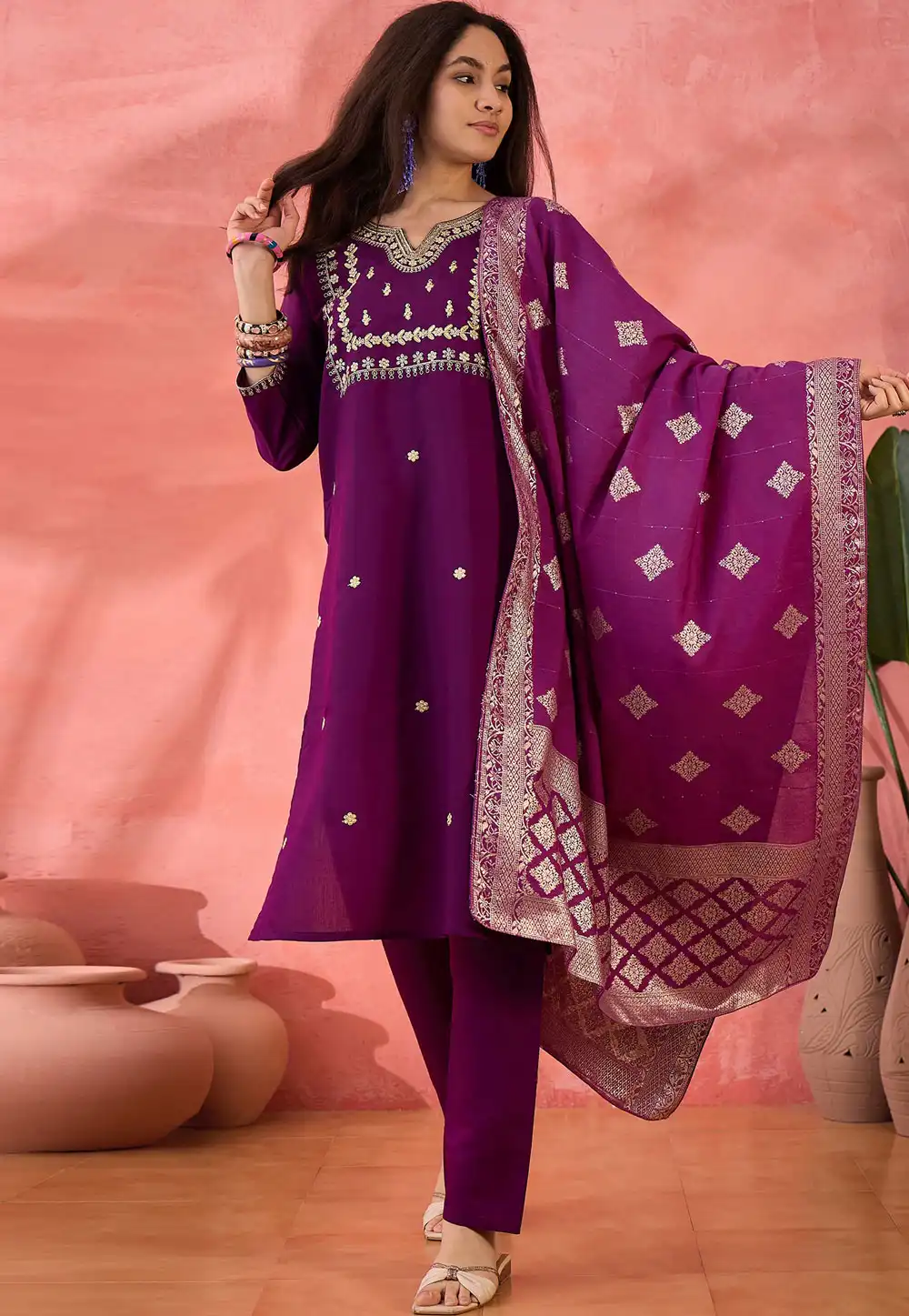 Purple Silk Readymade Pant Style Suit 308387