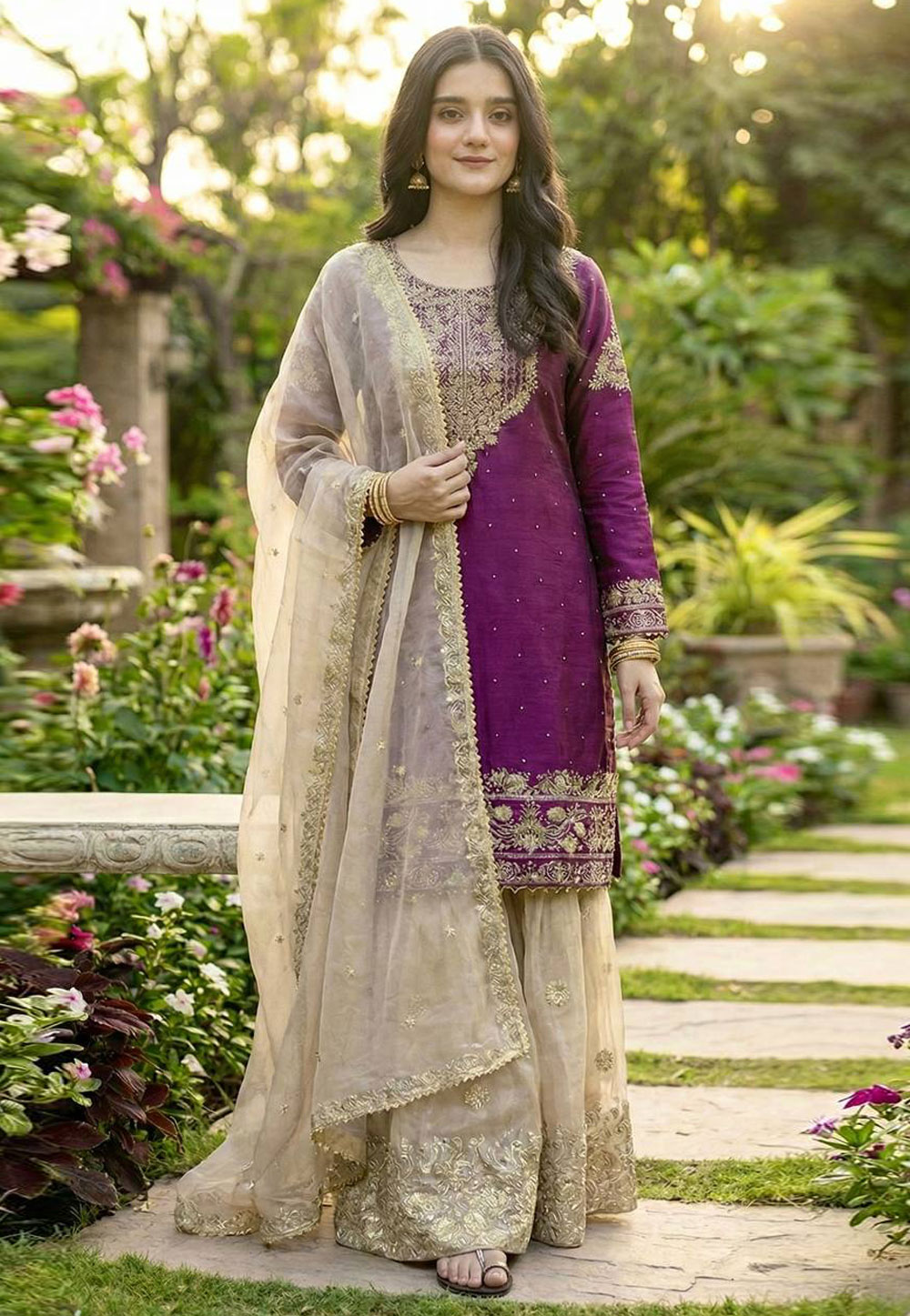 Purple Silk Readymade Sharara Suit 321590