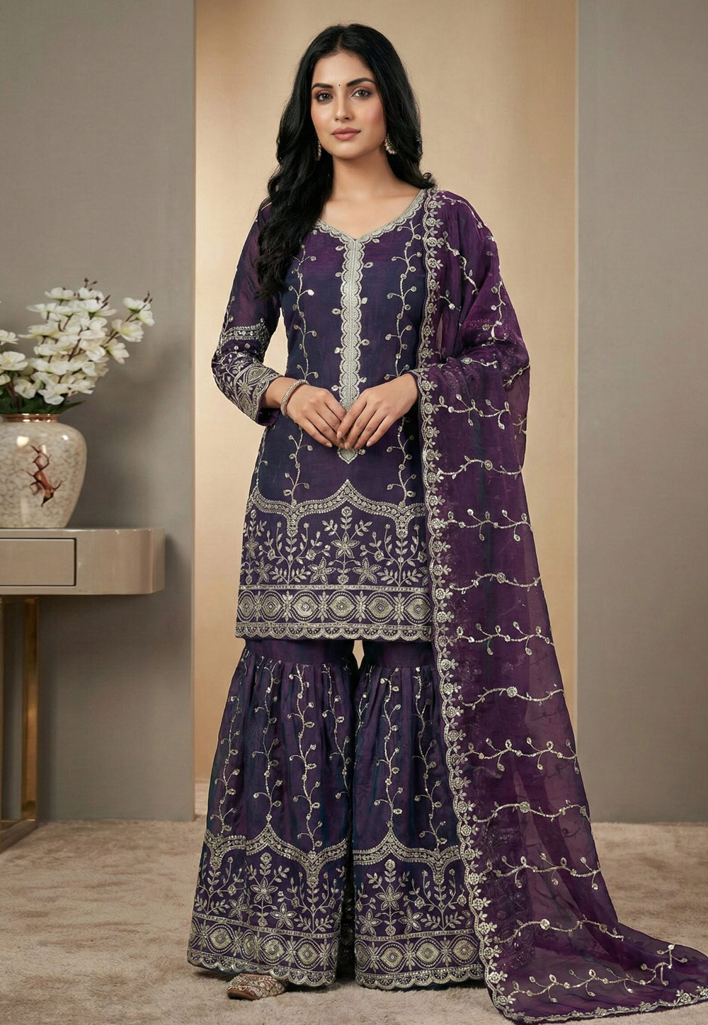 Purple Silk Readymade Sharara Suit 324998