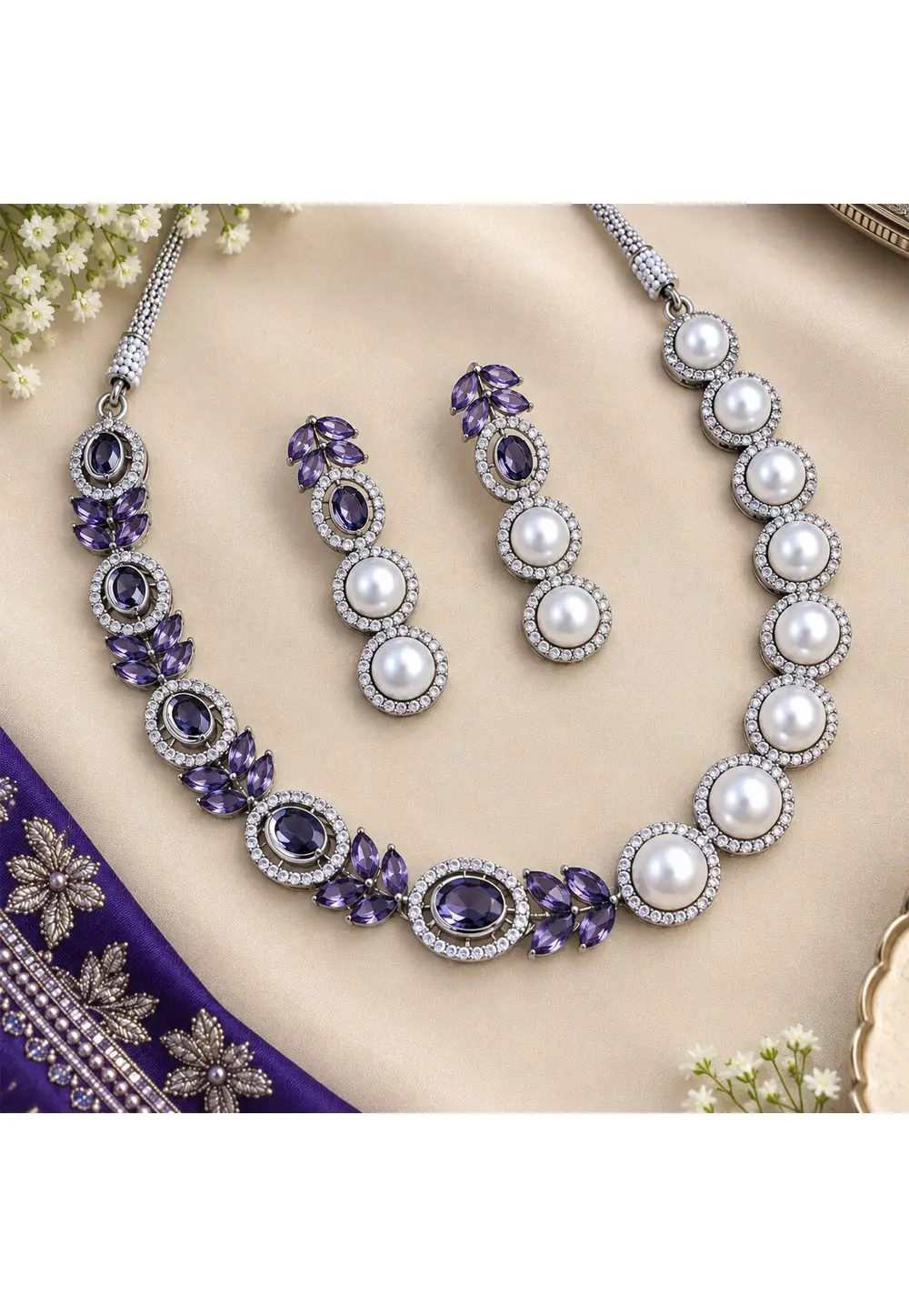 Purple Stone Necklace With Earrings 335565