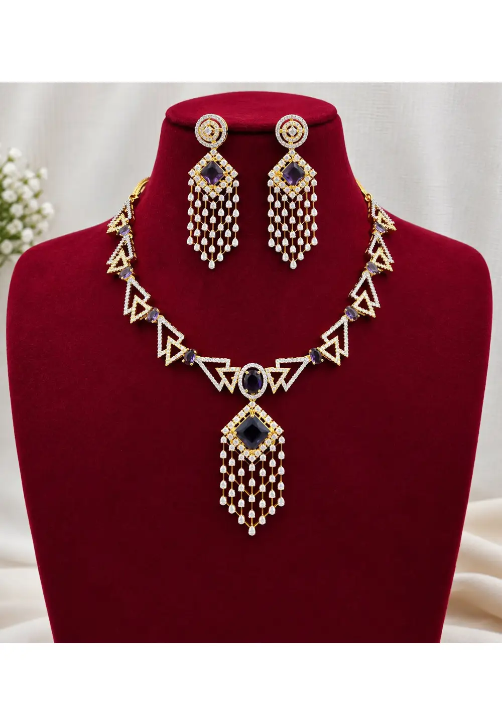 Purple Stone Necklace With Earrings 335576