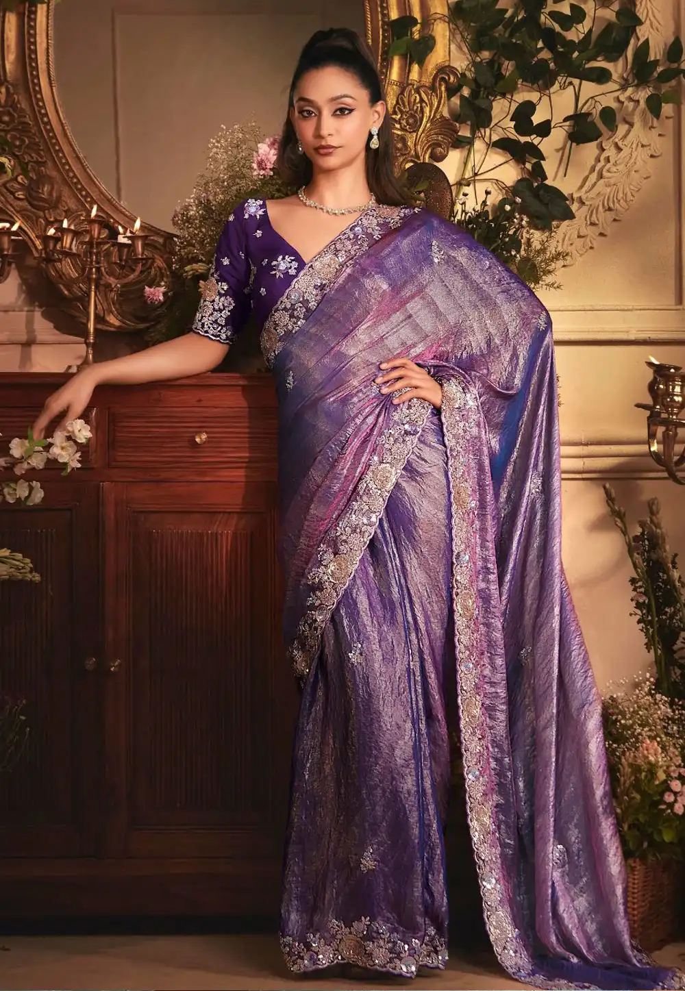 Purple Tissue Saree With Blouse 317048