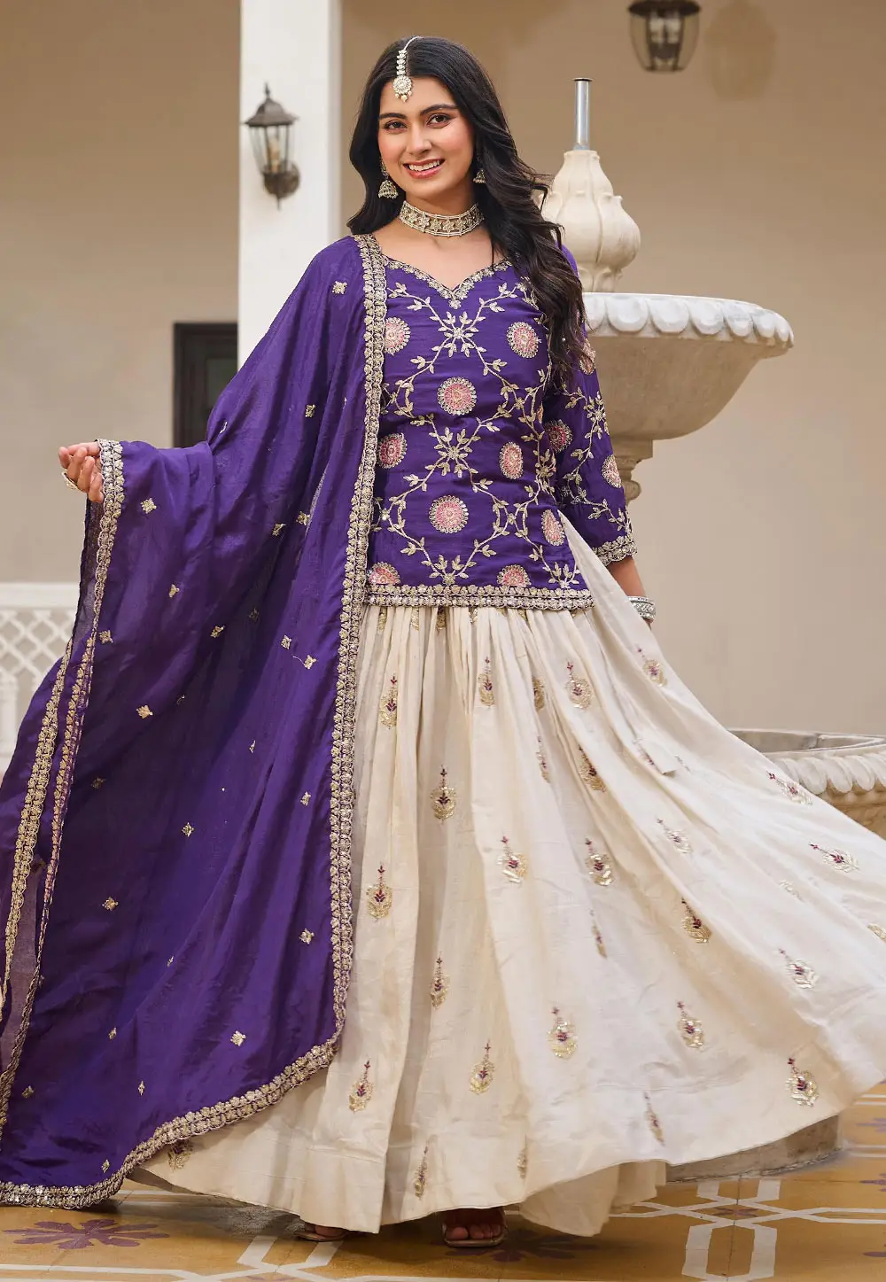 Purple Tissue Silk Readymade Long Choli Lehenga 336133