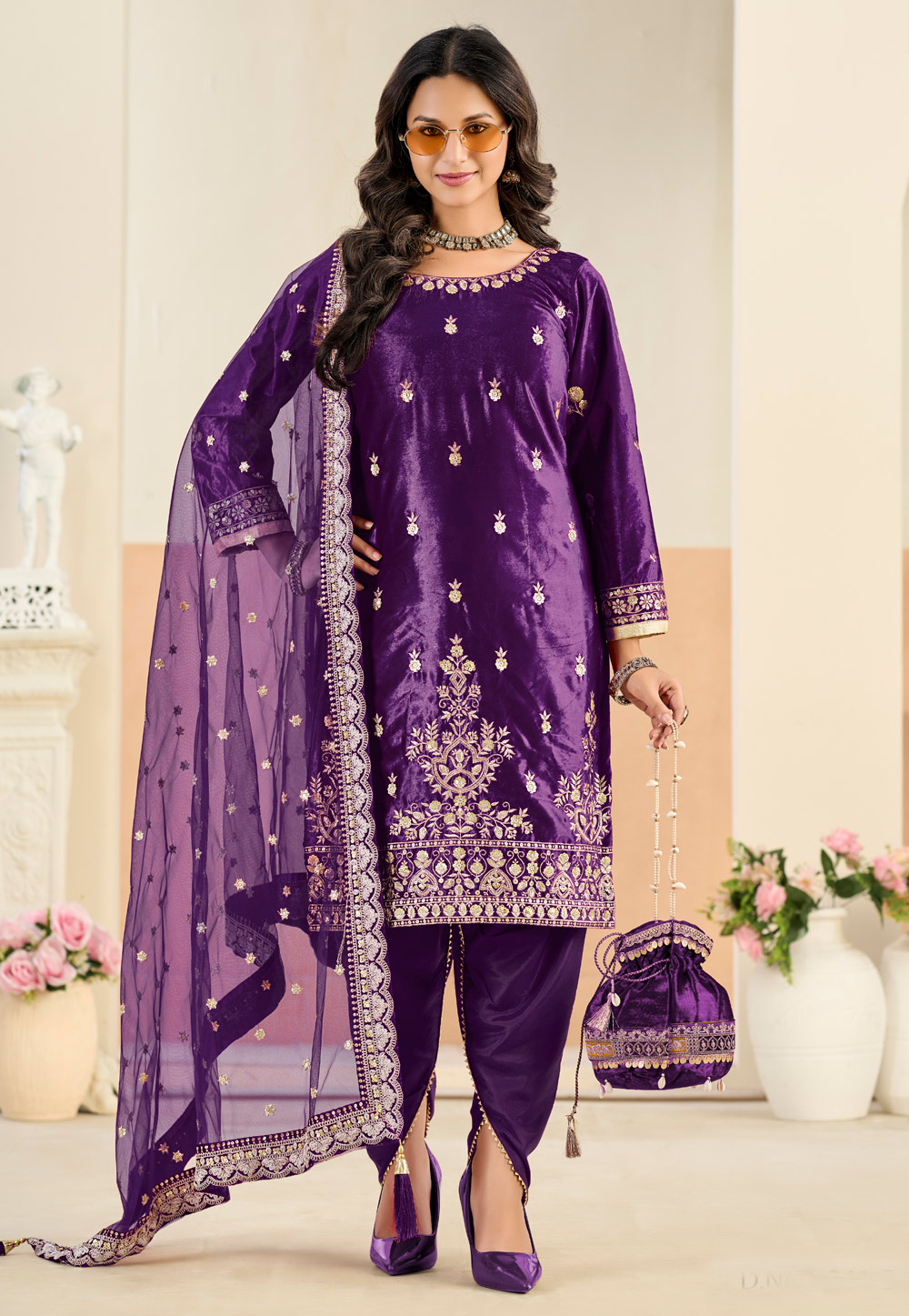 Purple Velvet Dhoti Style Suit 324075