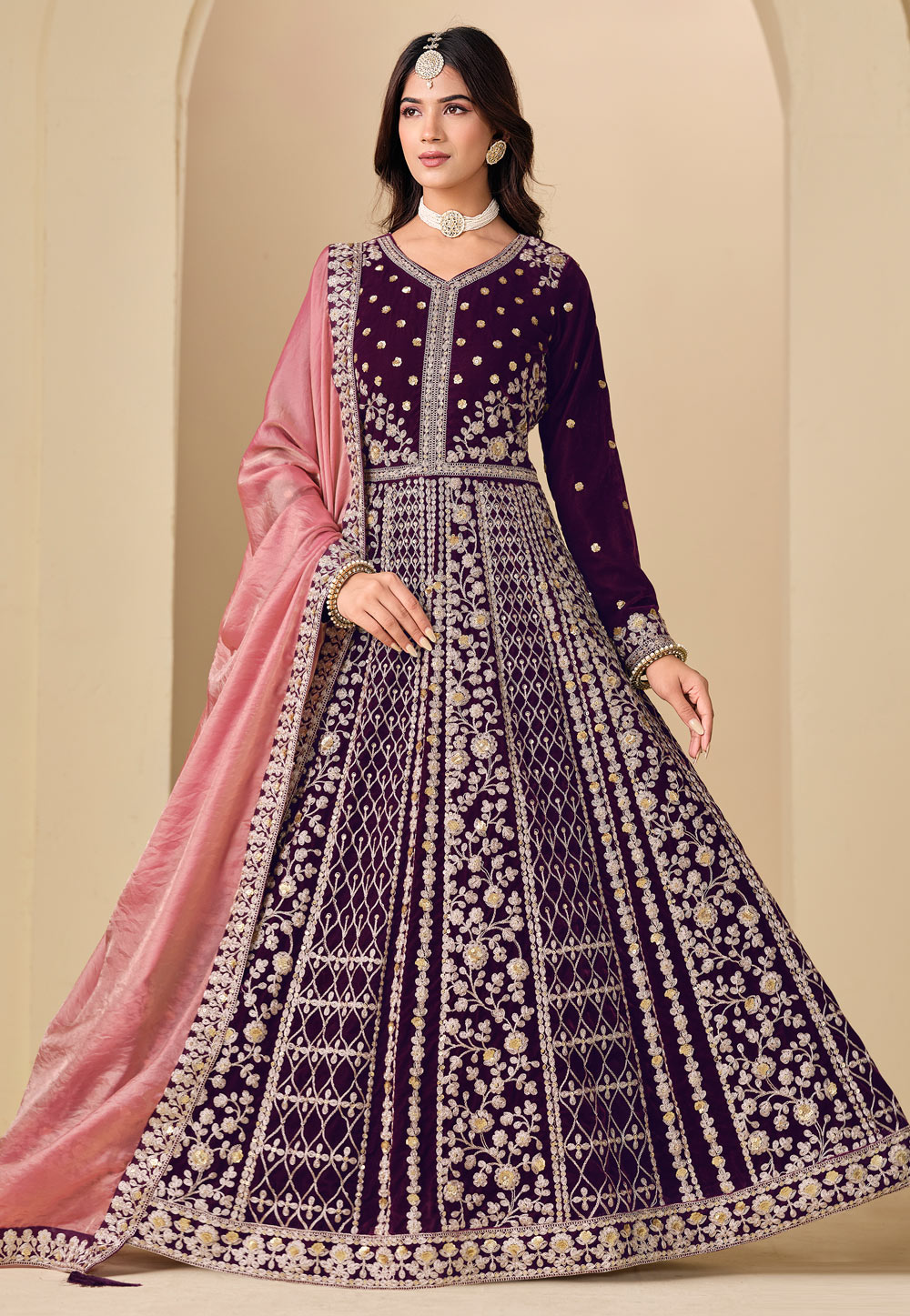 Purple Velvet Embroidered Anarkali Suit 323092