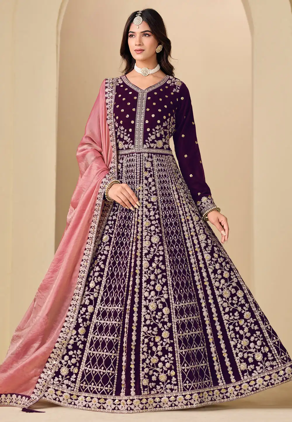 Purple Velvet Embroidered Anarkali Suit 323092