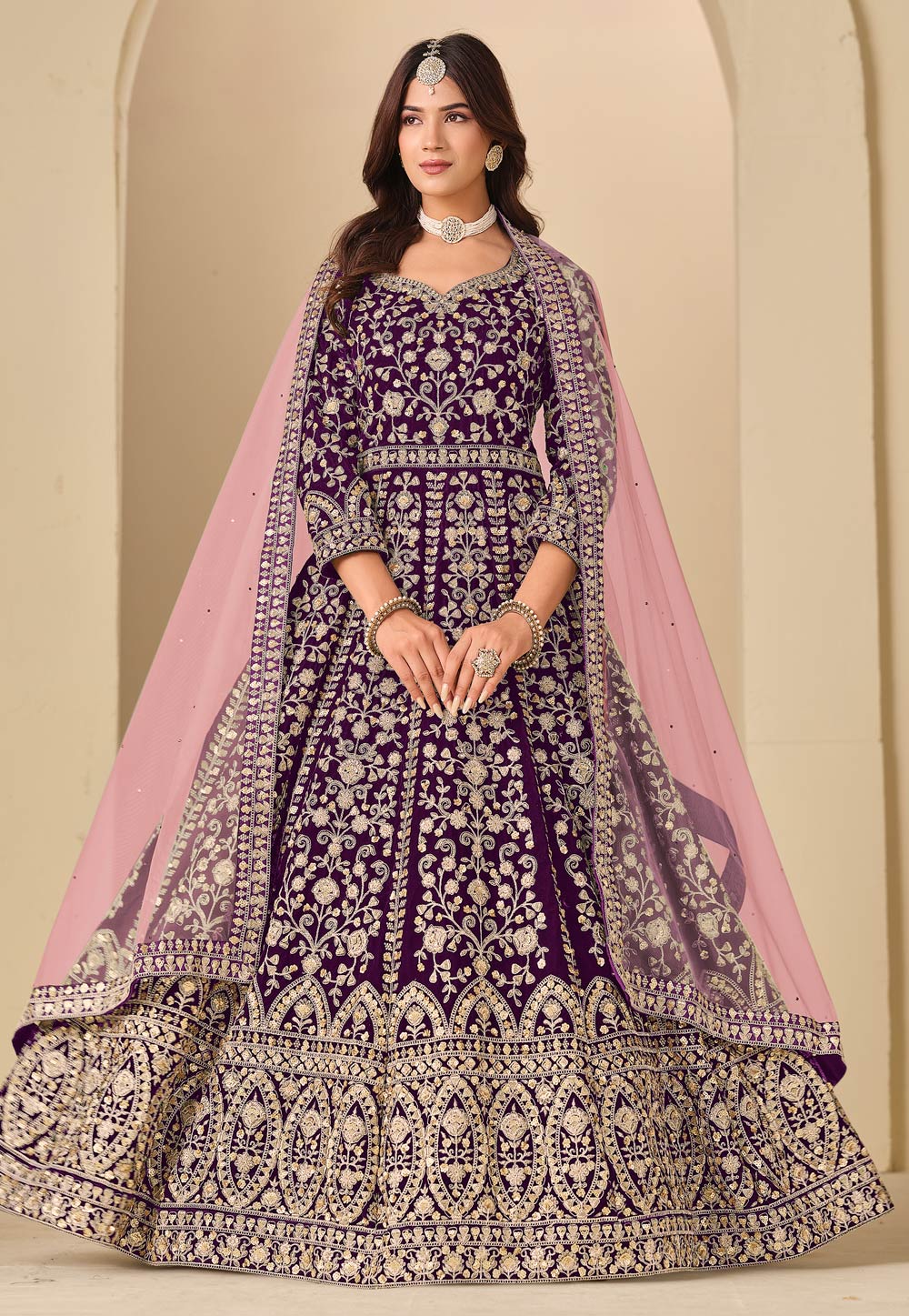 Purple Velvet Embroidered Long Anarkali Suit 323096