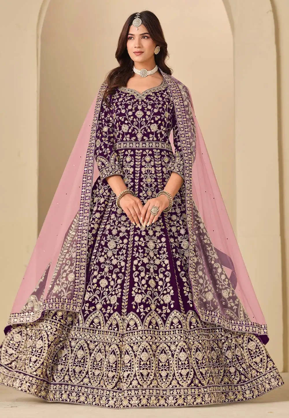 Purple Velvet Embroidered Long Anarkali Suit 323096