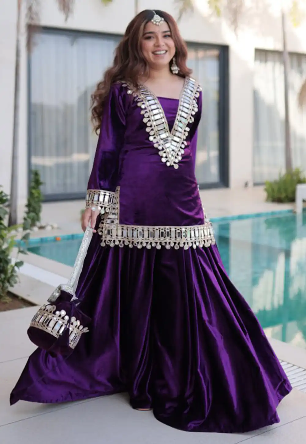 Purple Velvet Kurta Set With Palazzo 321897