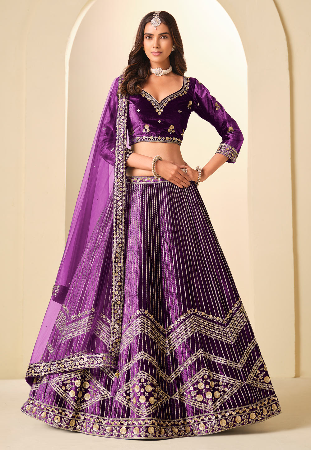 Purple Velvet Lehenga Choli 321451