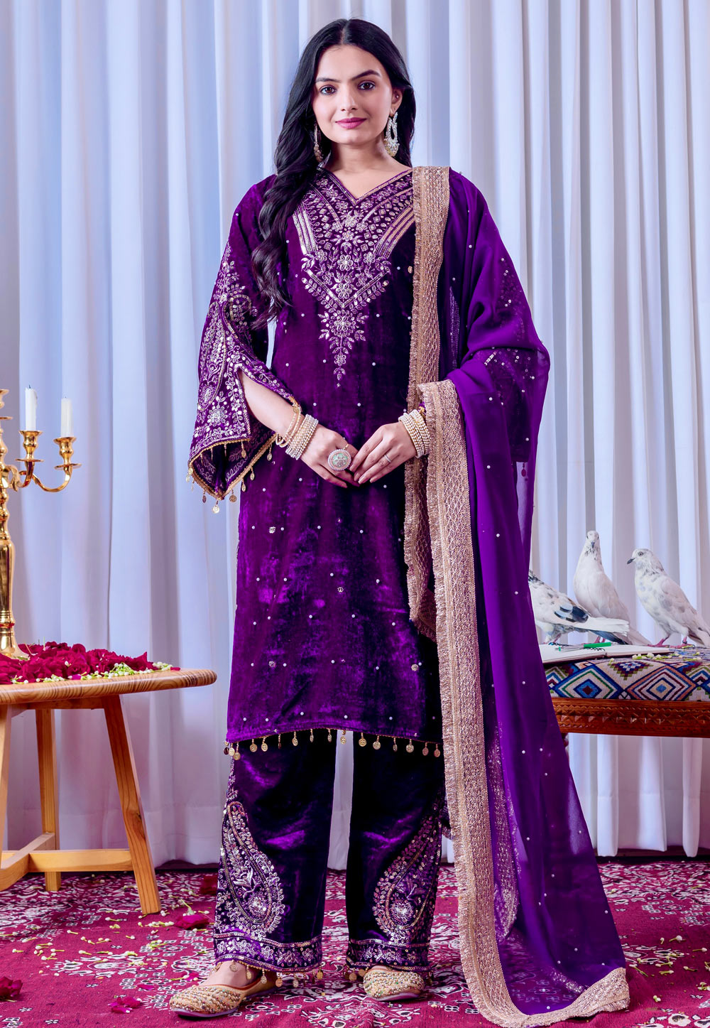 Purple Velvet Readymade Designer Salwar Suit 322233