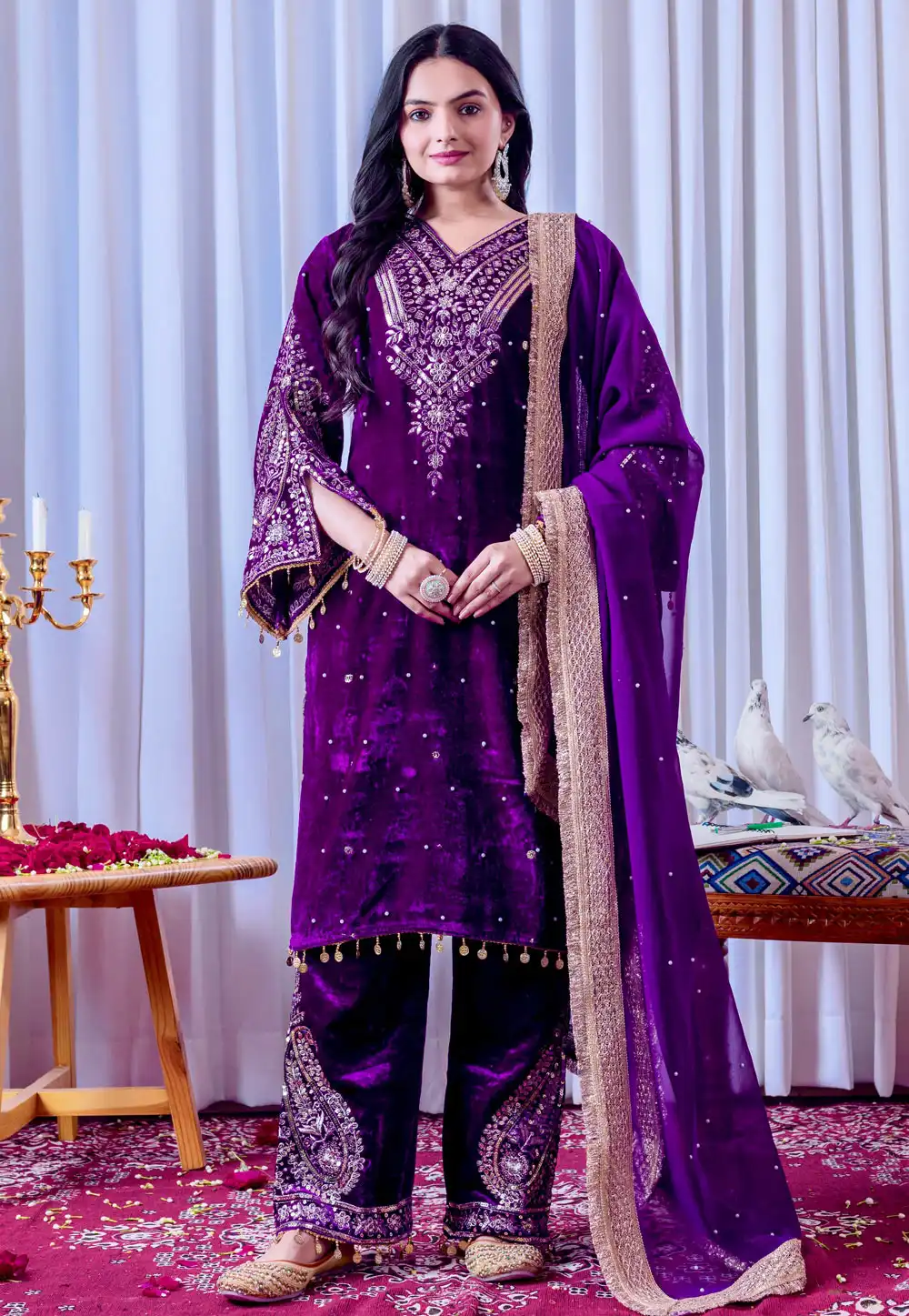 Purple Velvet Readymade Designer Salwar Suit 322233