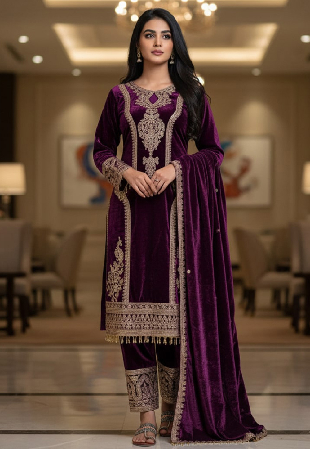 Purple Velvet Readymade Pant Style Suit 322243