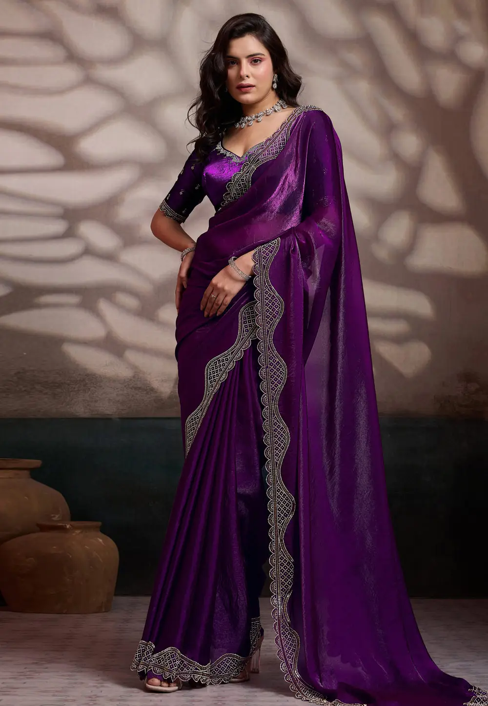 Purple Velvet Saree With Blouse 334530