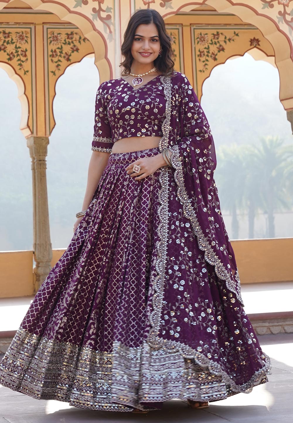Purple Viscose Jacquard Circular Lehenga Choli 285333