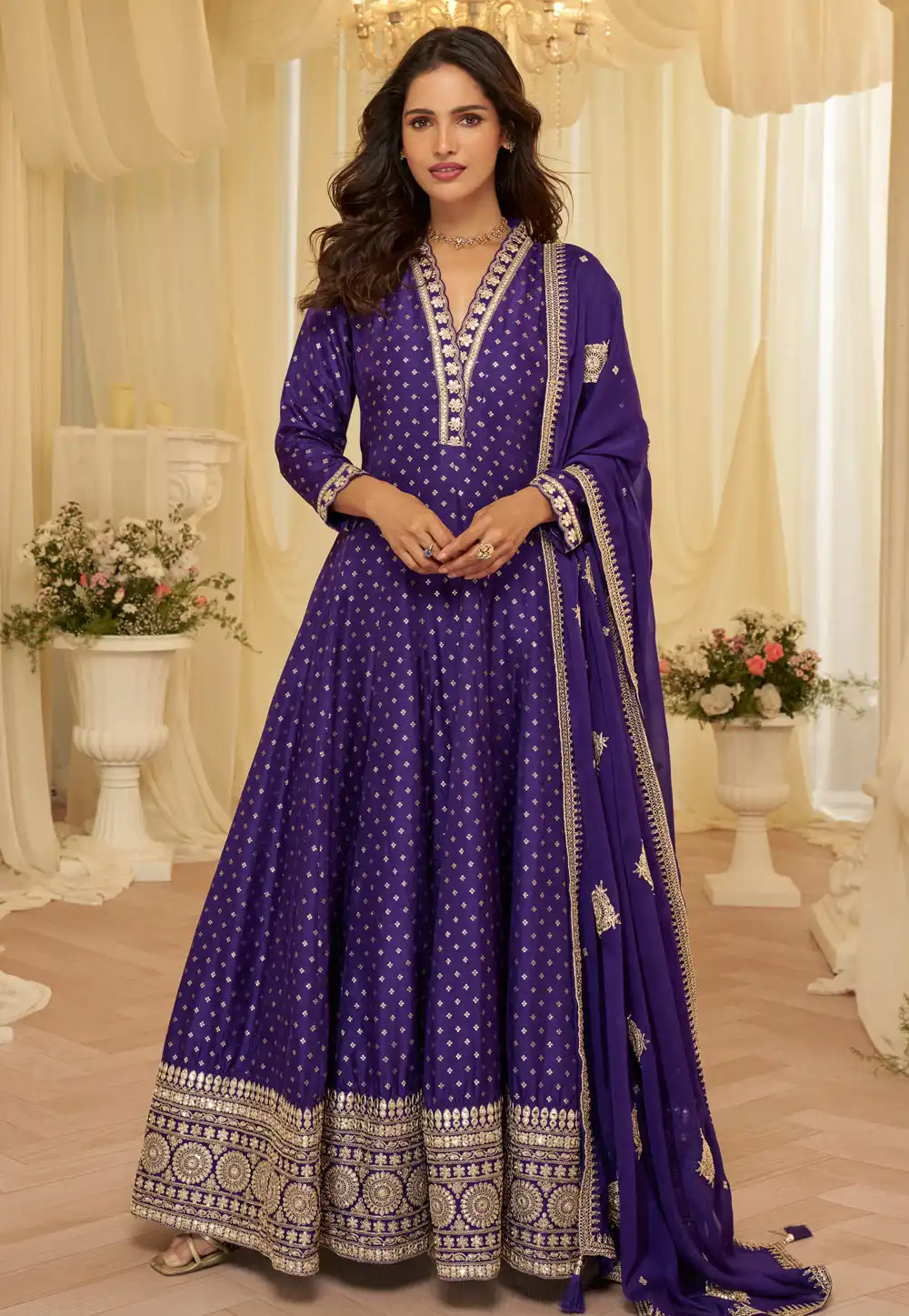 Purple Viscose Jacquard Long Anarkali Suit 327984