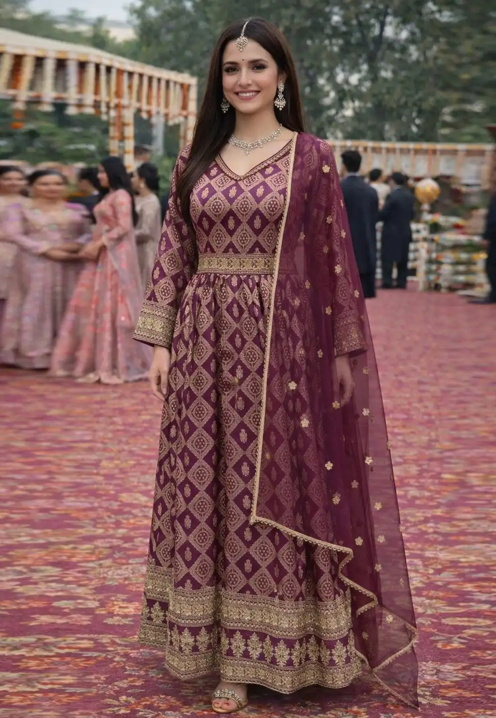 Purple Viscose Jacquard Readymade Long Anarkali Suit 327692