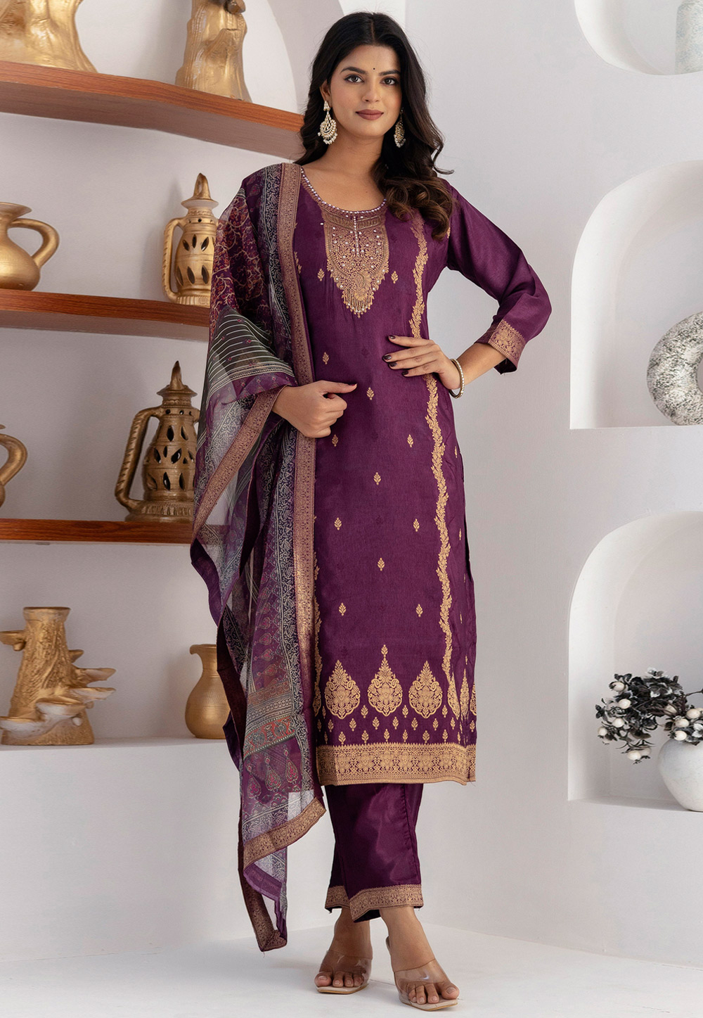 Purple Viscose Jacquard Readymade Pakistani Suit 308396