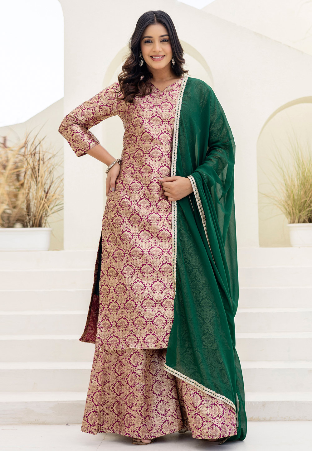 Purple Viscose Jacquard Readymade Palazzo Suit 322450