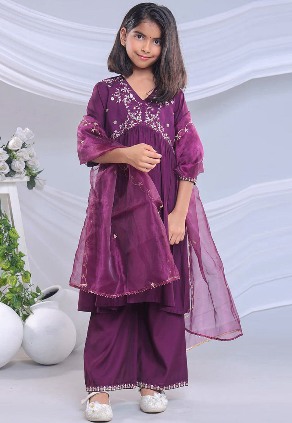 Purple Viscose Kids Palazzo Suit 321211