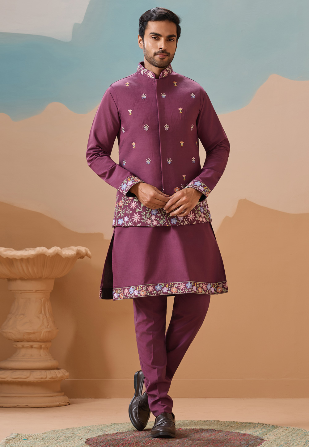 Purple Viscose Kurta Pajama With Jacket 318308