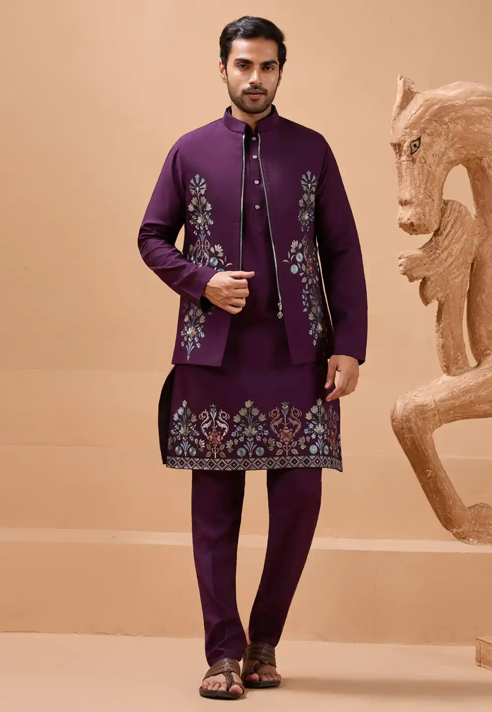 Purple Viscose Kurta Pajama With Jacket 319277