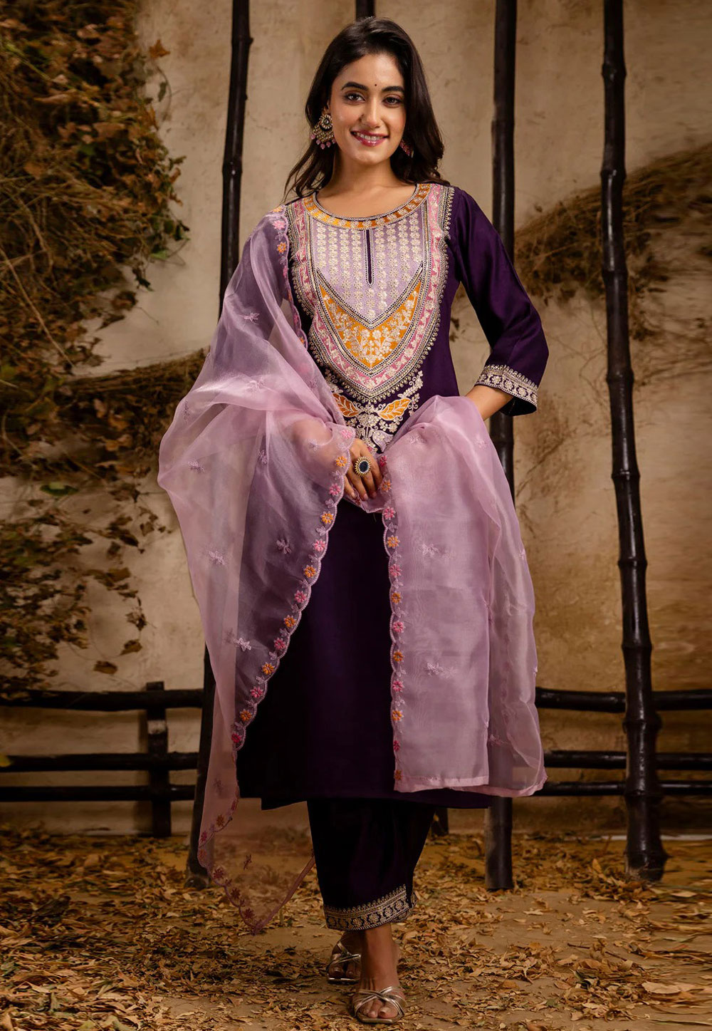 Purple Viscose Rayon Readymade Pakistani Suit 307565