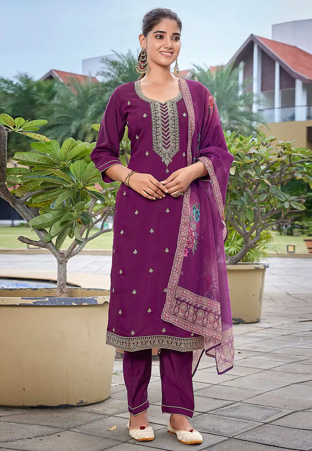 Purple Viscose Readymade Pant Style Suit 308135