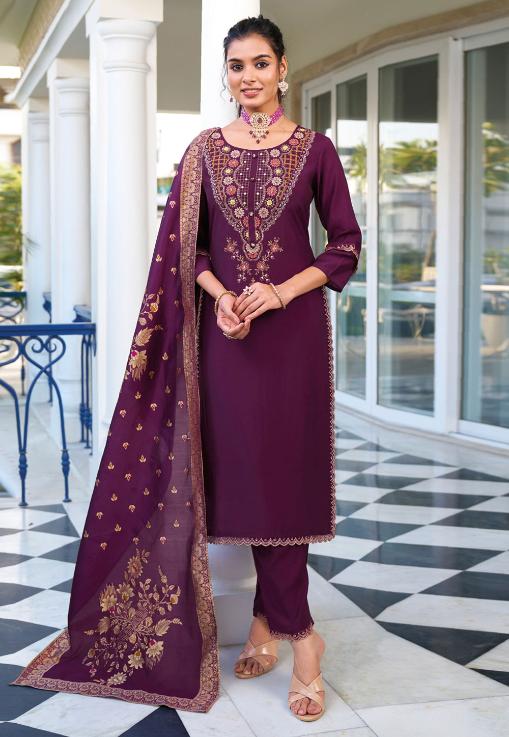 Purple Viscose Readymade Pant Style Suit 308707
