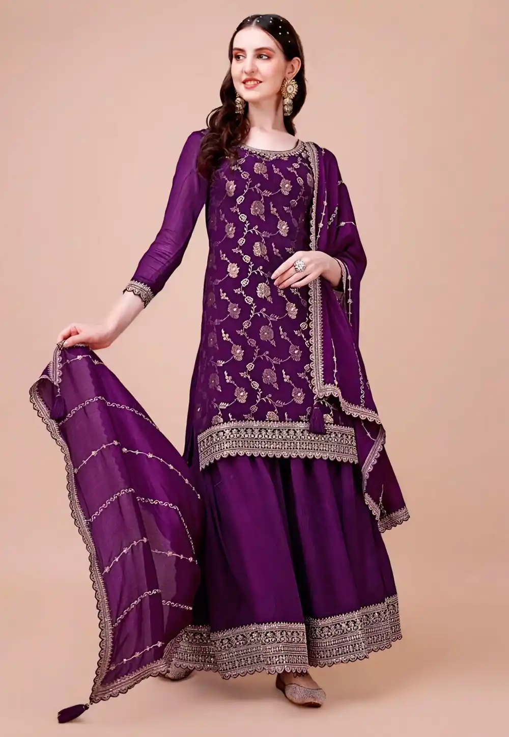 Purple Viscose Sharara Suit 288397