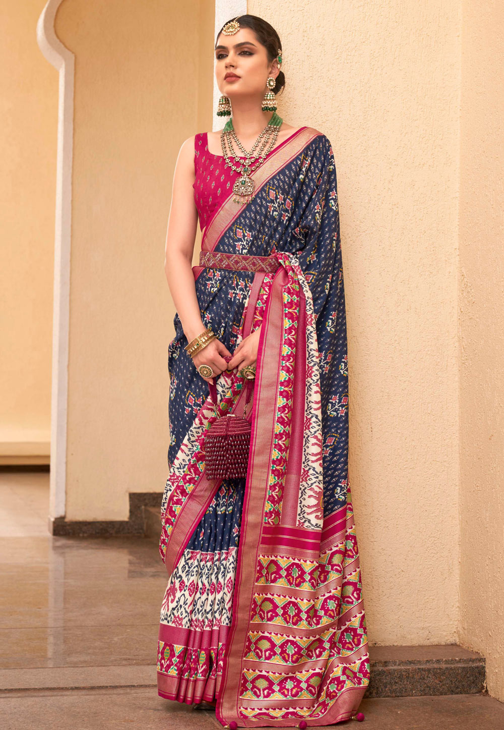 Navy Blue Silk Saree With Blouse 276651