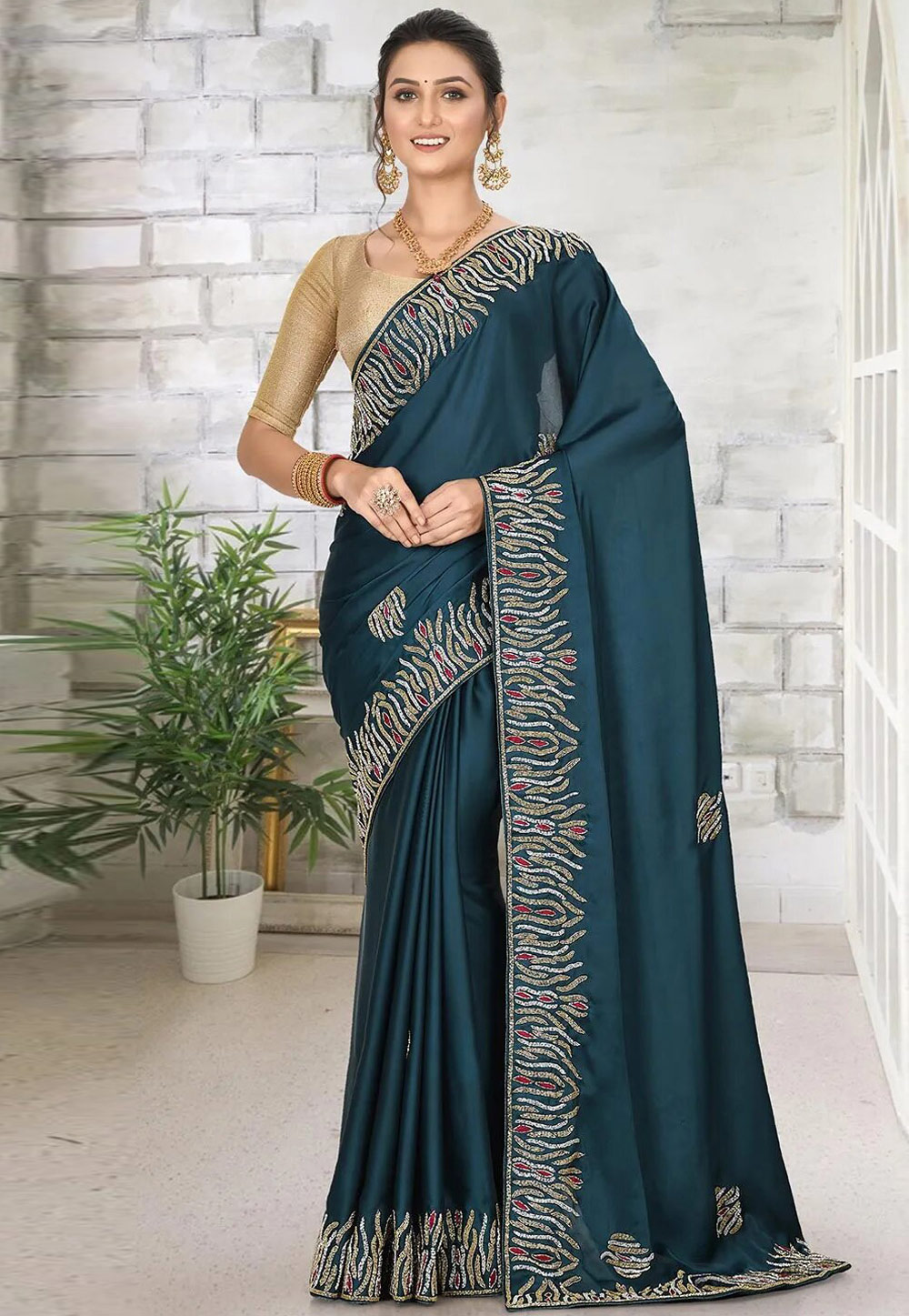 Teal Satin Georgette Festival Wear Saree 242909