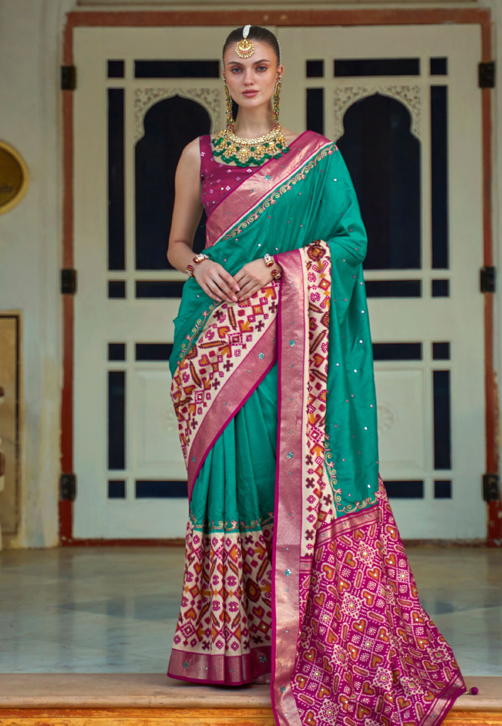 Sea Green Patola Silk Print Saree 251869