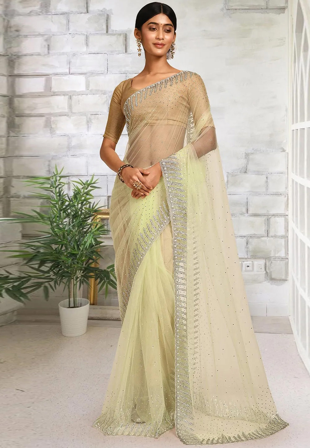 Cream Net Festival Wear Saree 242911