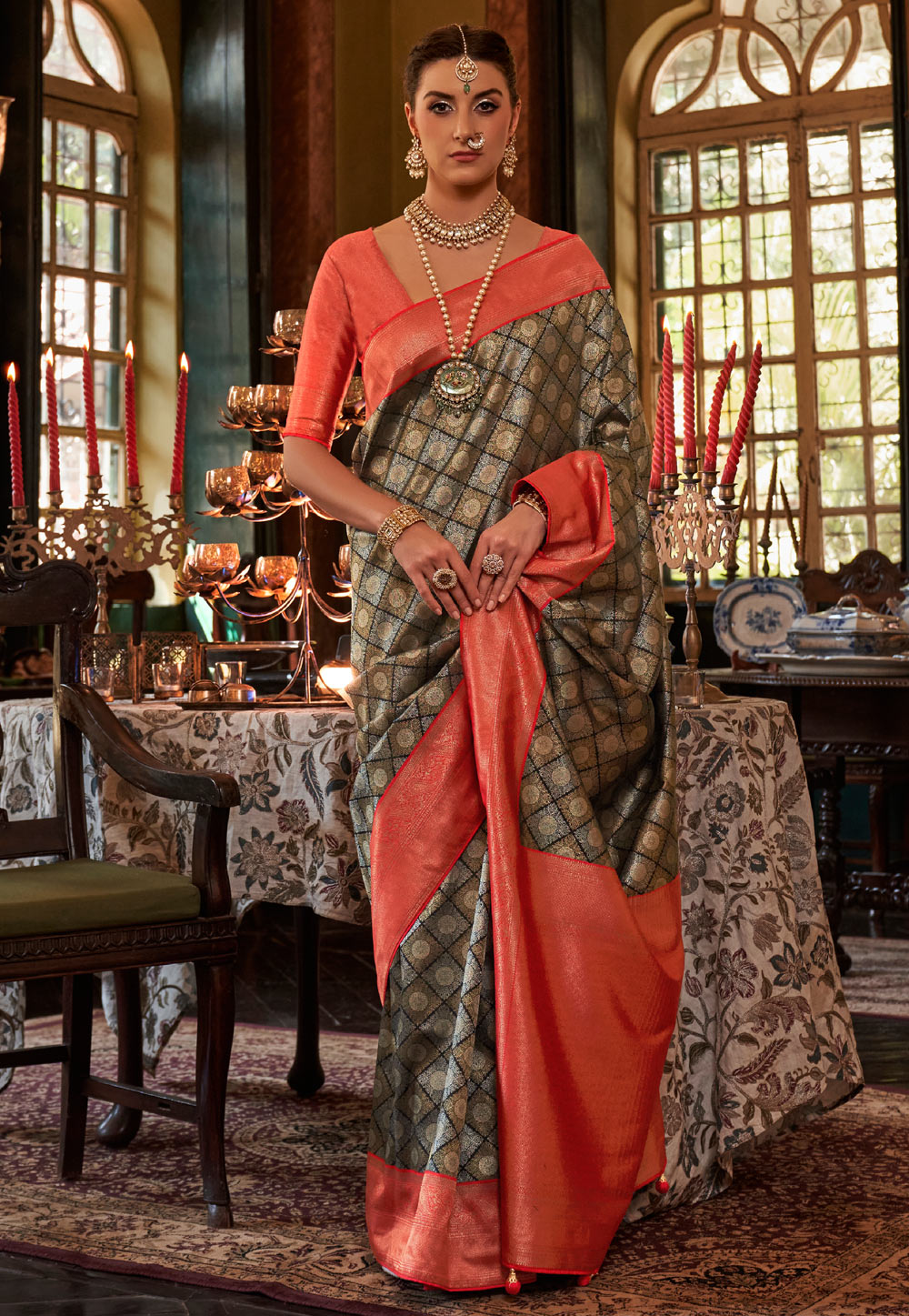 Camo Green Kanjivaram Silk Saree 266191