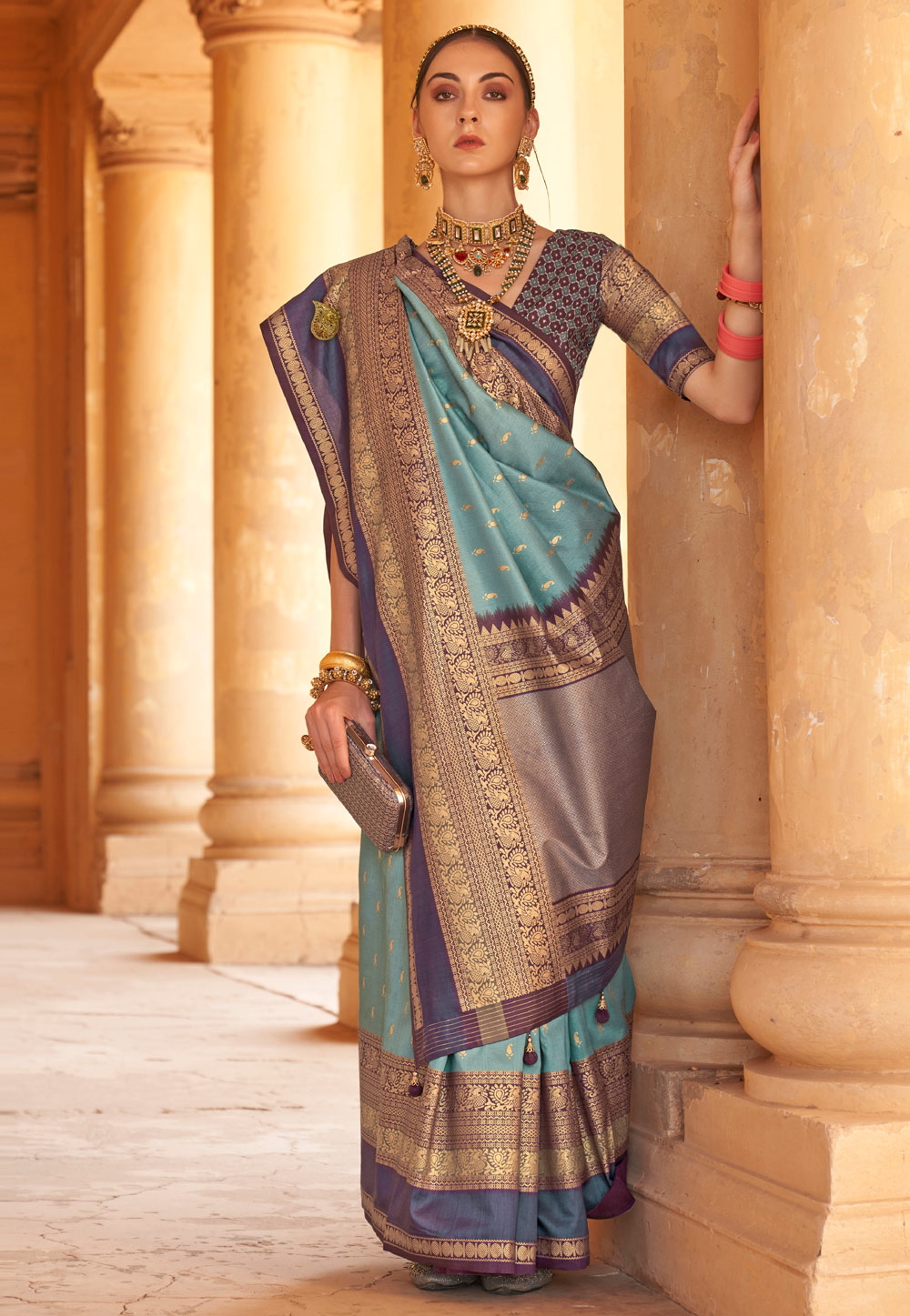 Sky Blue Silk Saree With Blouse 270681