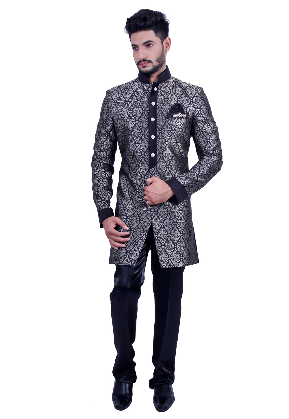 Black Dupion Readymade Indo Western Suit 204460