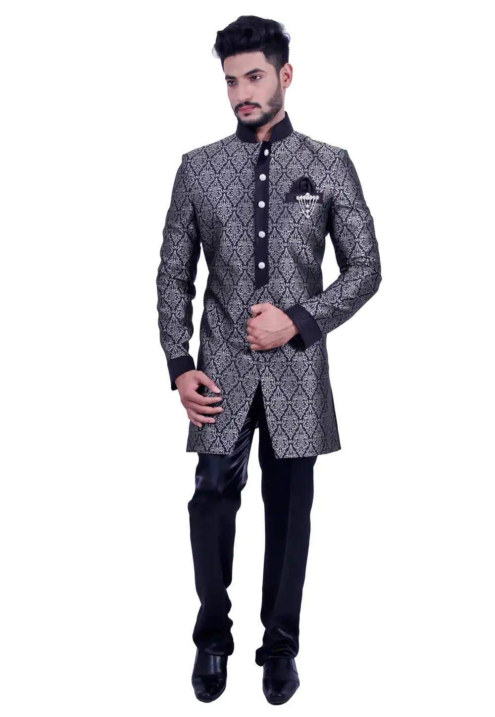 Black Dupion Readymade Indo Western Suit 204460
