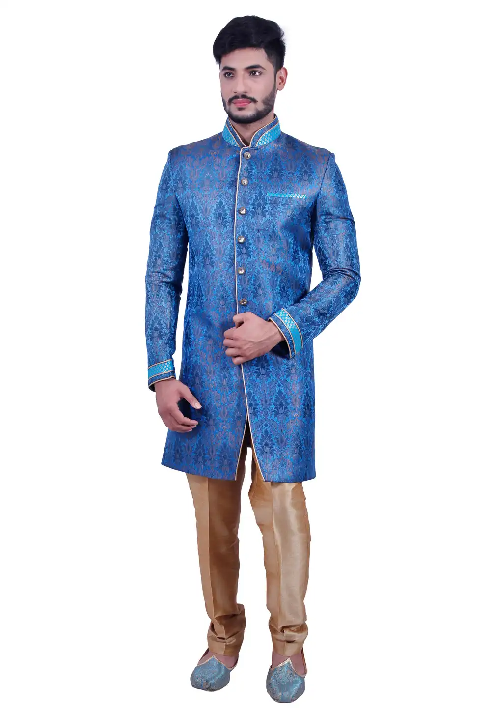 Blue Brocade Readymade Indo Western Suit 204465