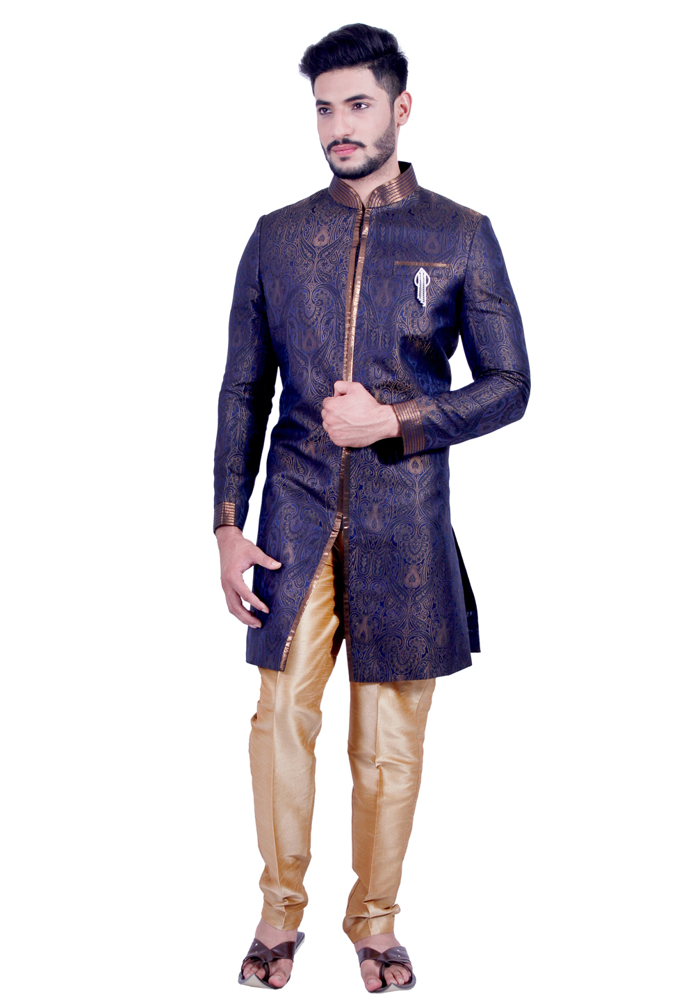 Blue Brocade Readymade Indo Western Suit 204467