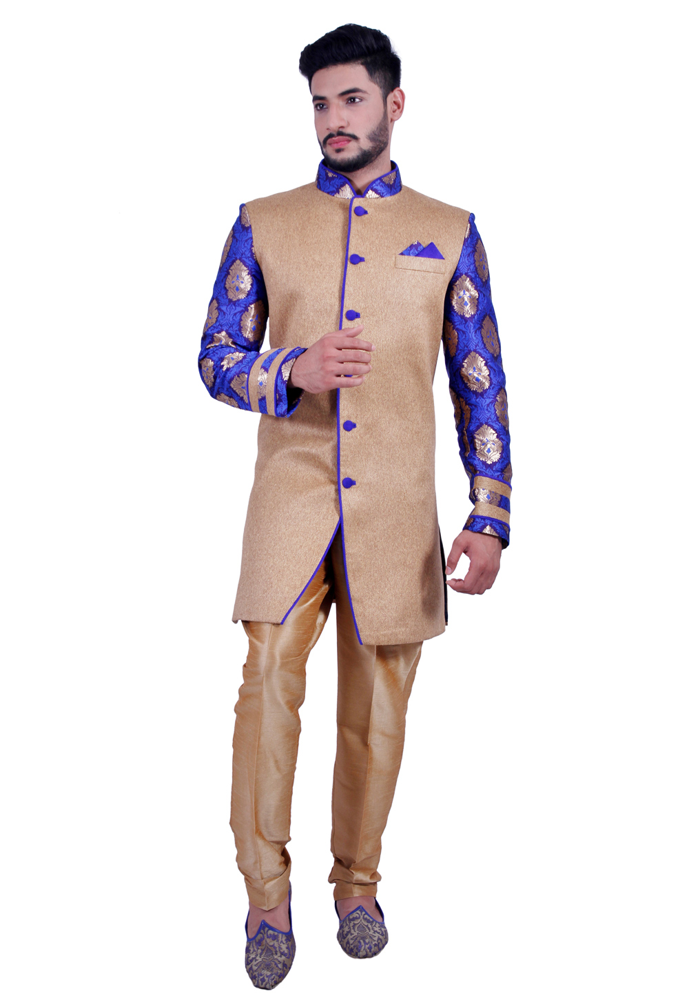 Blue Jute Silk Readymade Indo Western Suit 204468