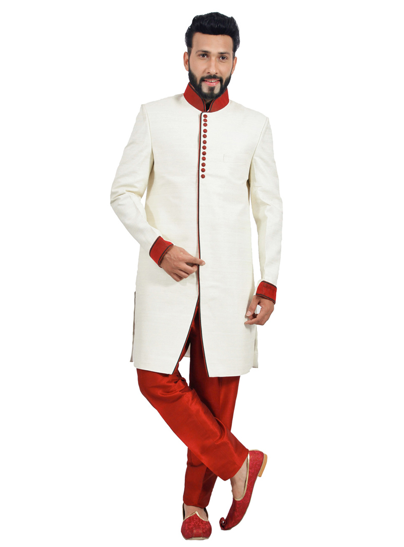 Off White Art Silk Readymade Indo Western Sherwani 72922