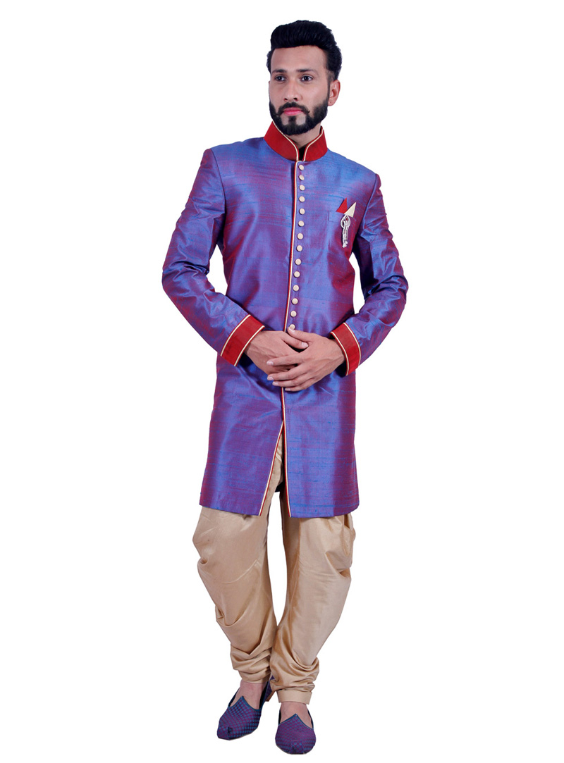 Blue Raw Silk Readymade Indo Western Sherwani 72926