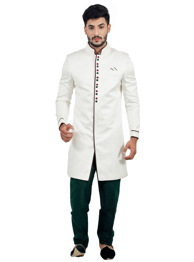 White Silk Brocade Readymade Indo Western Sherwani 72928